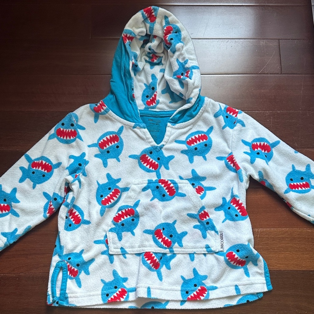 Blue Shark Print Kids Hooded Pullover Shirt